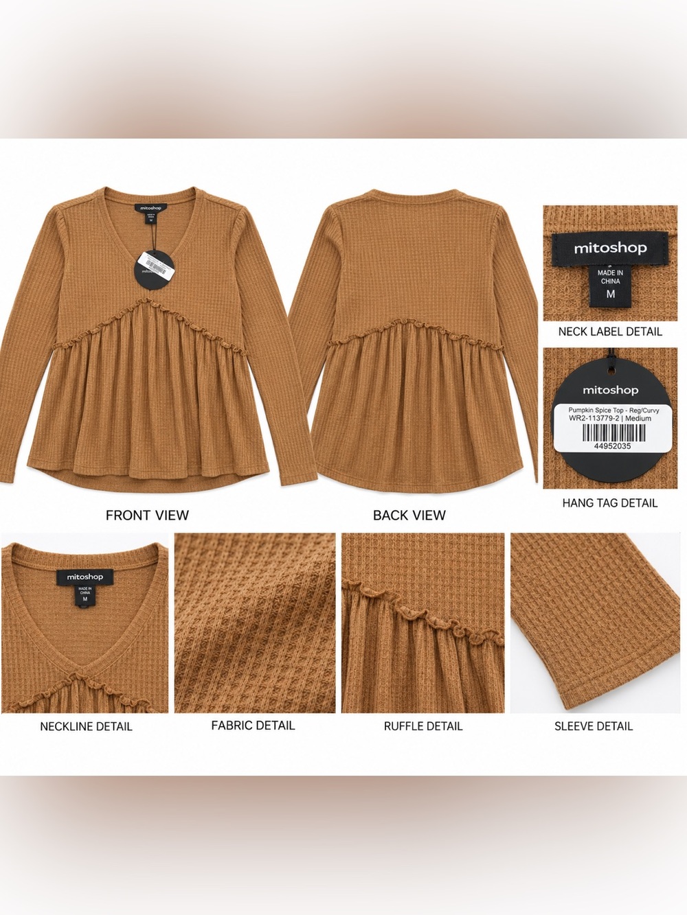 NWT Mittoshop Pumpkin Spice Waffle Knit Babydoll Top Brown M